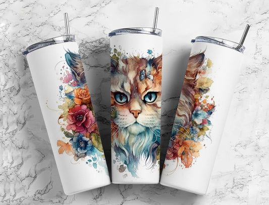 cat floral 20oz Sublimation Tumbler Designs, watercolor splatter 9.2 x 8.3” Straight Skinny Tumbler Wrap PNG