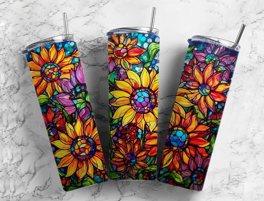 Sunflower colorful 20oz Sublimation Tumbler Designs, Sunflower garden 9.2 x 8.3” Straight Skinny Tumbler Wrap PNG