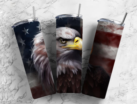 Bald eagle 20oz Sublimation Tumbler Designs, American flag 9.2 x 8.3” Straight Skinny Tumbler Wrap PNG