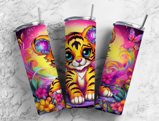 Cartoon tiger cub 20oz Sublimation Tumbler Designs, Floral colorful 9.2 x 8.3” Straight Skinny Tumbler Wrap PNG