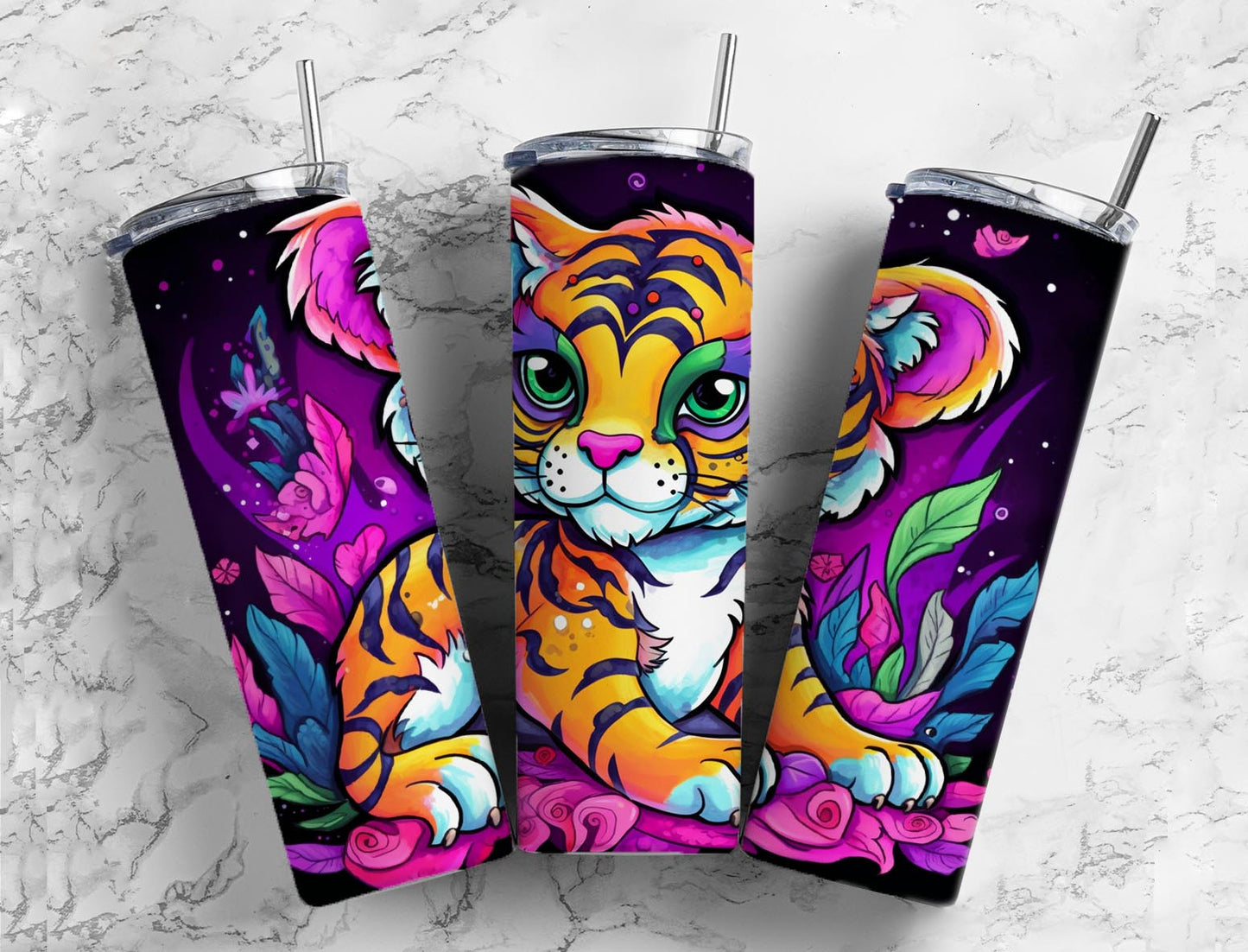 cartoon baby tiger 20oz Sublimation Tumbler Designs, neon colorful 9.2 x 8.3” Straight Skinny Tumbler Wrap PNG