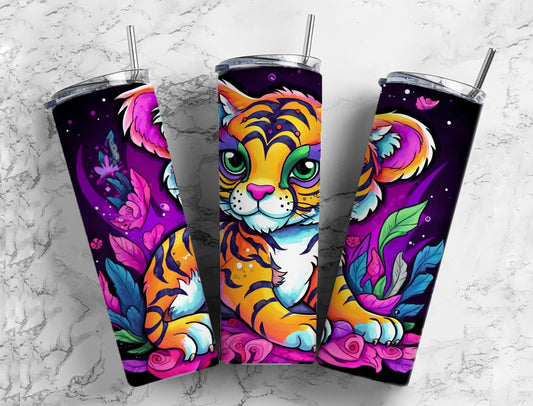 cartoon baby tiger 20oz Sublimation Tumbler Designs, neon colorful 9.2 x 8.3” Straight Skinny Tumbler Wrap PNG