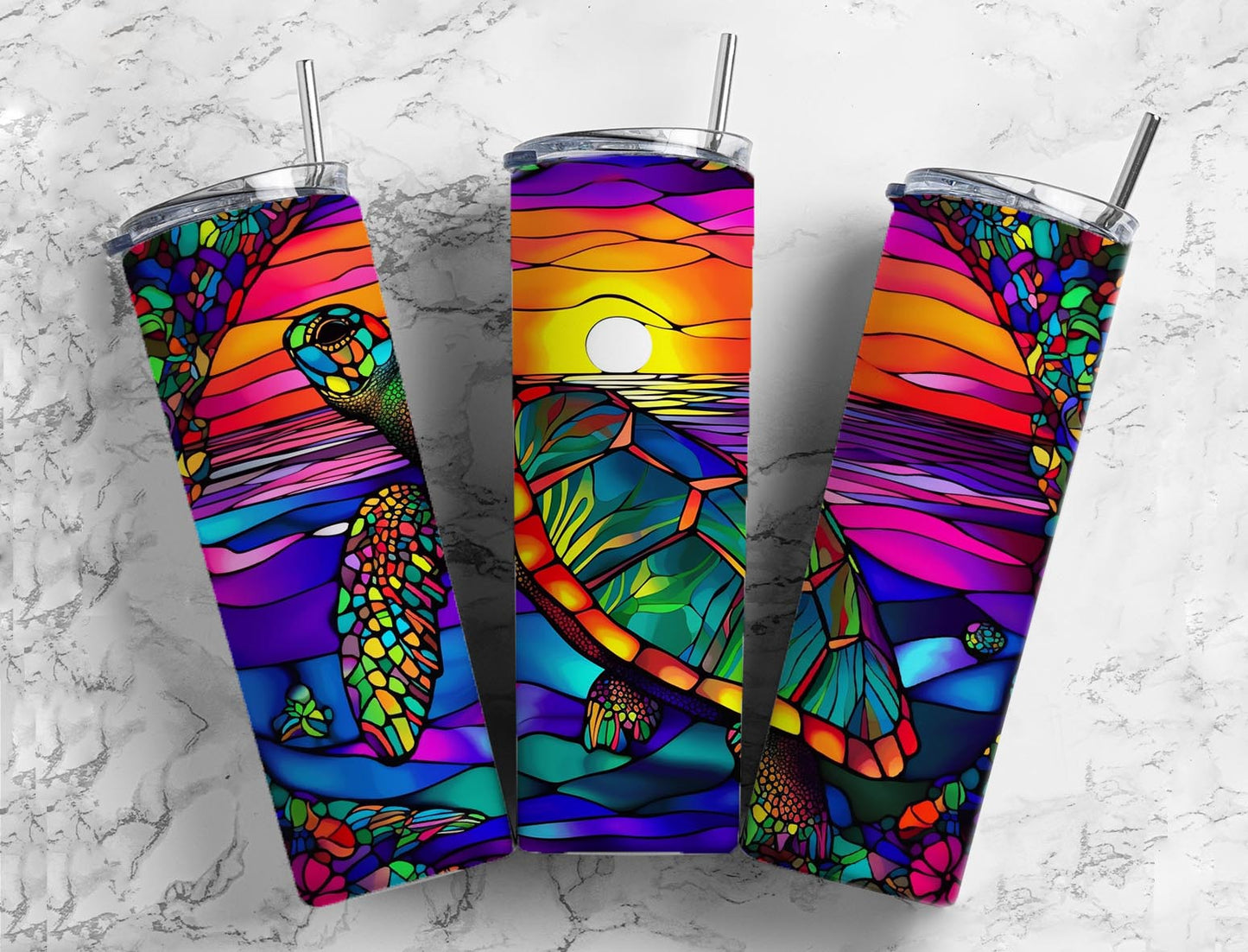 Sea turtle 20oz Sublimation Tumbler Designs, rainbow sunset 9.2 x 8.3” Straight Skinny Tumbler Wrap PNG