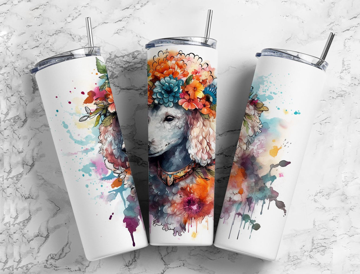 Poodle dog 20oz Sublimation Tumbler Designs, flower crown 9.2 x 8.3” Straight Skinny Tumbler Wrap PNG