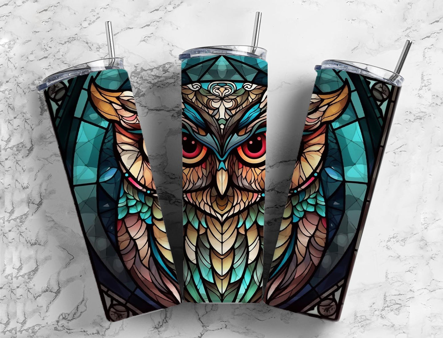 Stained glass owl 20oz Sublimation Tumbler Designs, Cartoon owl 9.2 x 8.3” Straight Skinny Tumbler Wrap PNG