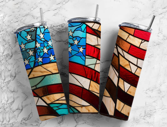 Stained glass 20oz Sublimation Tumbler Designs, American flag 9.2 x 8.3” Straight Skinny Tumbler Wrap PNG