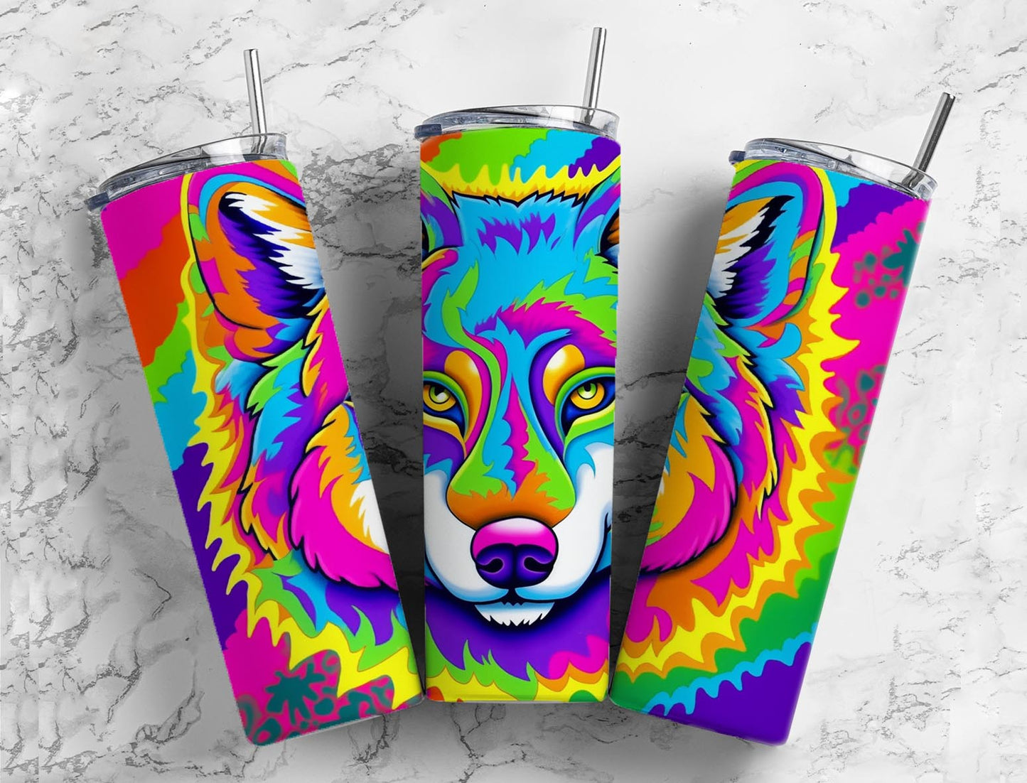 Rainbow wolf 20oz Sublimation Tumbler Designs, colorful bright neon 9.2 x 8.3” Straight Skinny Tumbler Wrap PNG