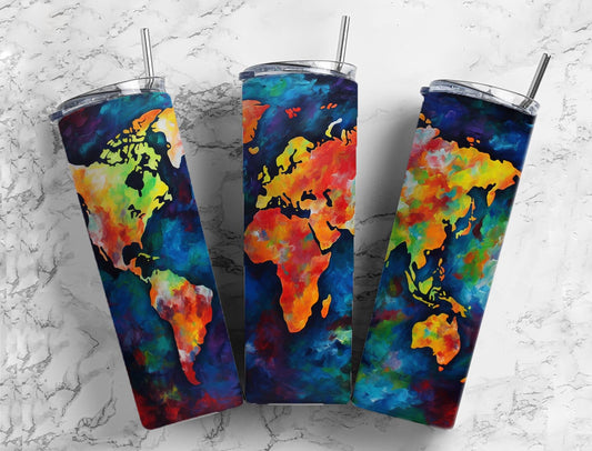 World map 20oz Sublimation Tumbler Designs, colorful rainbow 9.2 x 8.3” Straight Skinny Tumbler Wrap PNG