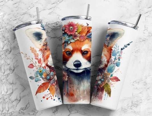 Red panda 20oz Sublimation Tumbler Designs, flower crown 9.2 x 8.3” Straight Skinny Tumbler Wrap PNG