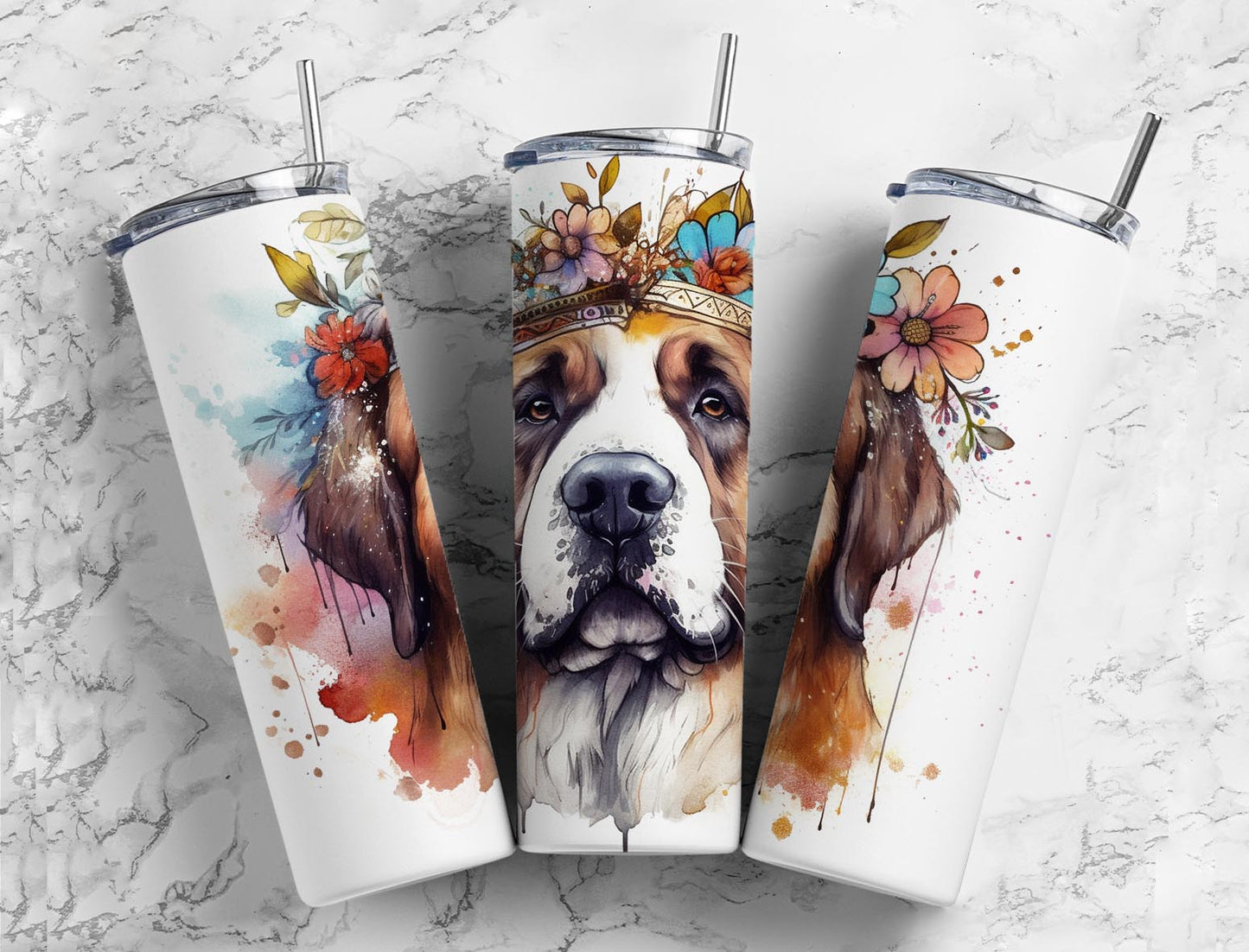 St. bernard dog 20oz Sublimation Tumbler Designs, Flower crown 9.2 x 8.3” Straight Skinny Tumbler Wrap PNG