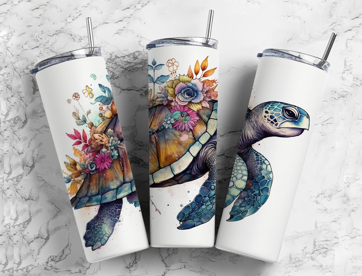 Sea turtle 20oz Sublimation Tumbler Designs, floral shell 9.2 x 8.3” Straight Skinny Tumbler Wrap PNG