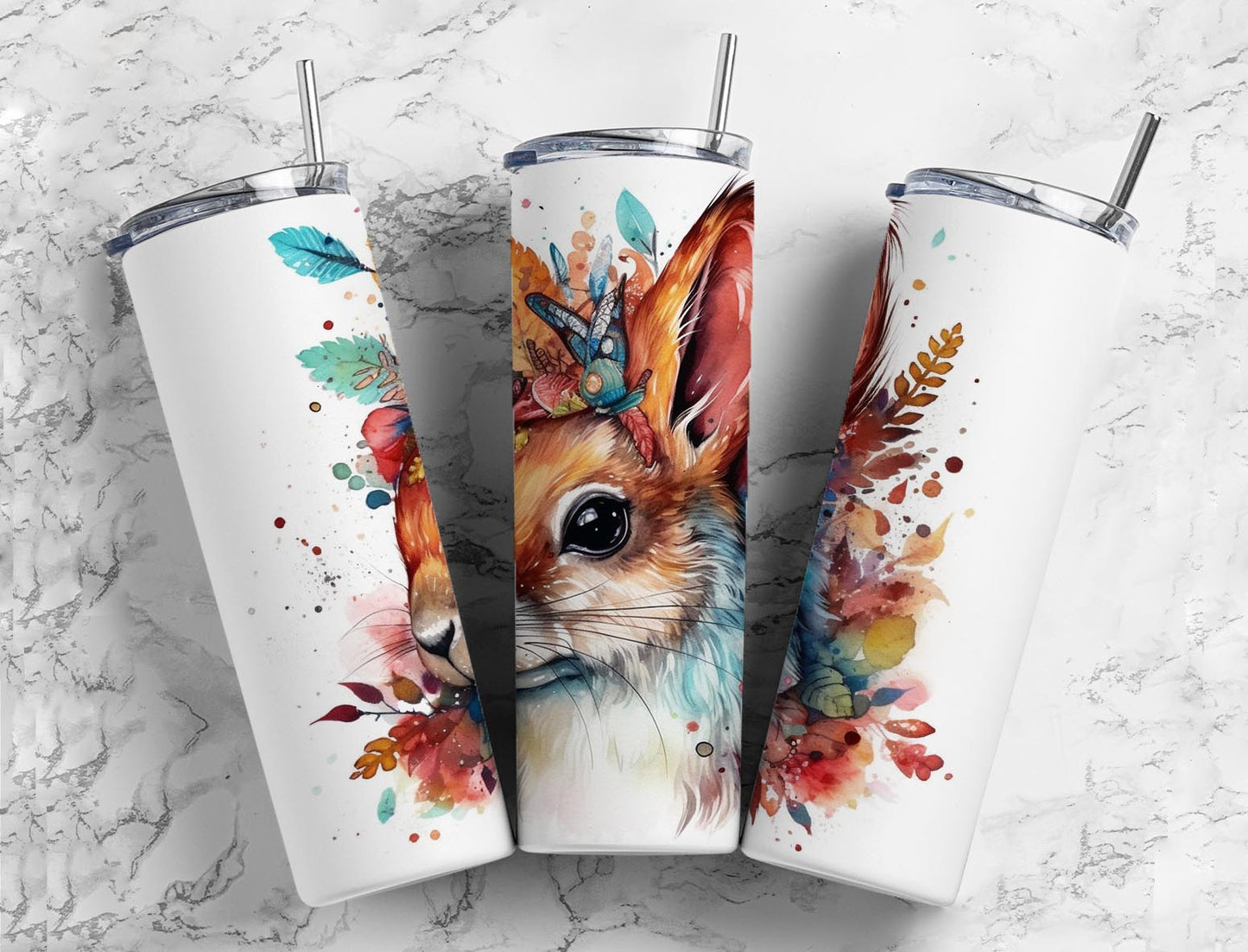 Rabbit botanical 20oz Sublimation Tumbler Designs, watercolor 9.2 x 8.3” Straight Skinny Tumbler Wrap PNG