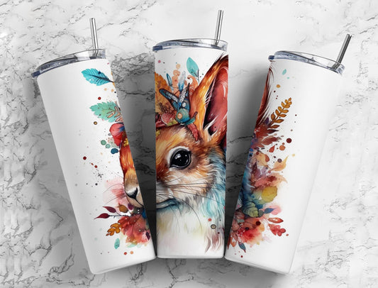 Rabbit botanical 20oz Sublimation Tumbler Designs, watercolor 9.2 x 8.3” Straight Skinny Tumbler Wrap PNG