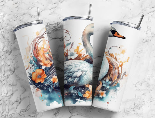 Swan floral 20oz Sublimation Tumbler Designs, Watercolor 9.2 x 8.3” Straight Skinny Tumbler Wrap PNG