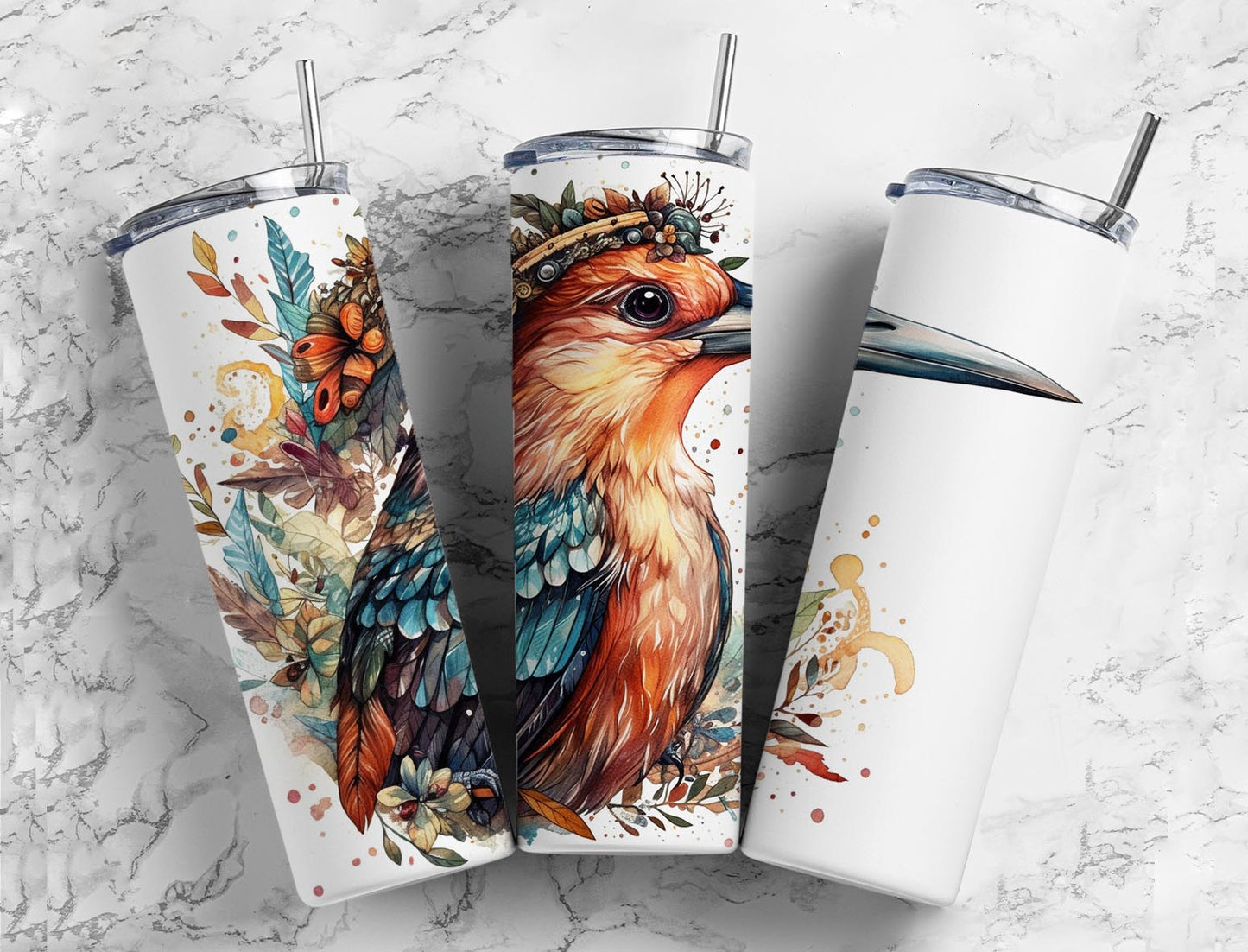 Bird leaves 20oz Sublimation Tumbler Designs, watercolor paint splatter 9.2 x 8.3” Straight Skinny Tumbler Wrap PNG