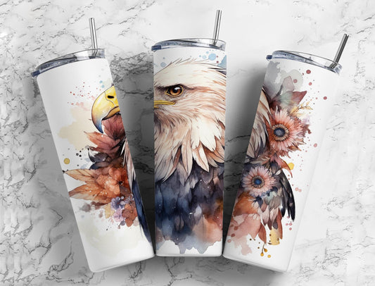 Bald eagle 20oz Sublimation Tumbler Designs, watercolor neutral floral 9.2 x 8.3” Straight Skinny Tumbler Wrap PNG