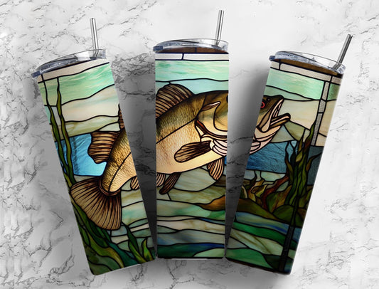 Stained glass 20oz Sublimation Tumbler Designs, Lake fish 9.2 x 8.3” Straight Skinny Tumbler Wrap PNG