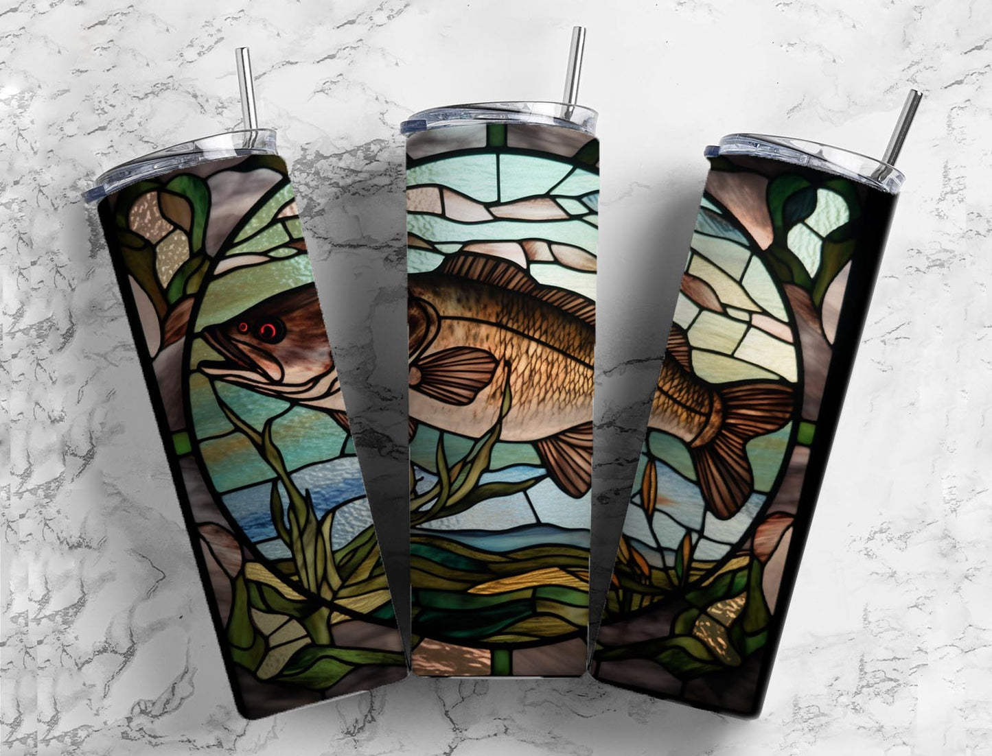 Stained glass 20oz Sublimation Tumbler Designs, river fish 9.2 x 8.3” Straight Skinny Tumbler Wrap PNG