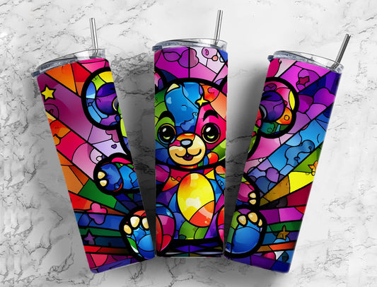 Rainbow mosaic 20oz Sublimation Tumbler Designs, Teddy bear 9.2 x 8.3” Straight Skinny Tumbler Wrap PNG