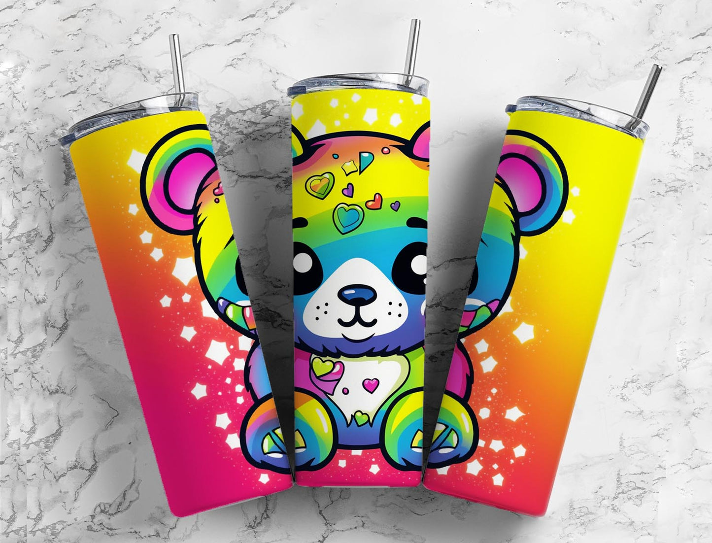 Rainbow teddy bear 20oz Sublimation Tumbler Designs, colorful 9.2 x 8.3” Straight Skinny Tumbler Wrap PNG