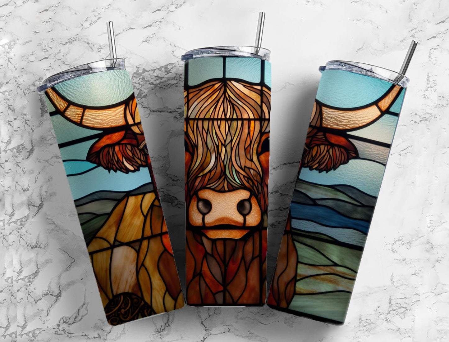 Stained glass window 20oz Sublimation Tumbler Designs, Highland cow 9.2 x 8.3” Straight Skinny Tumbler Wrap PNG