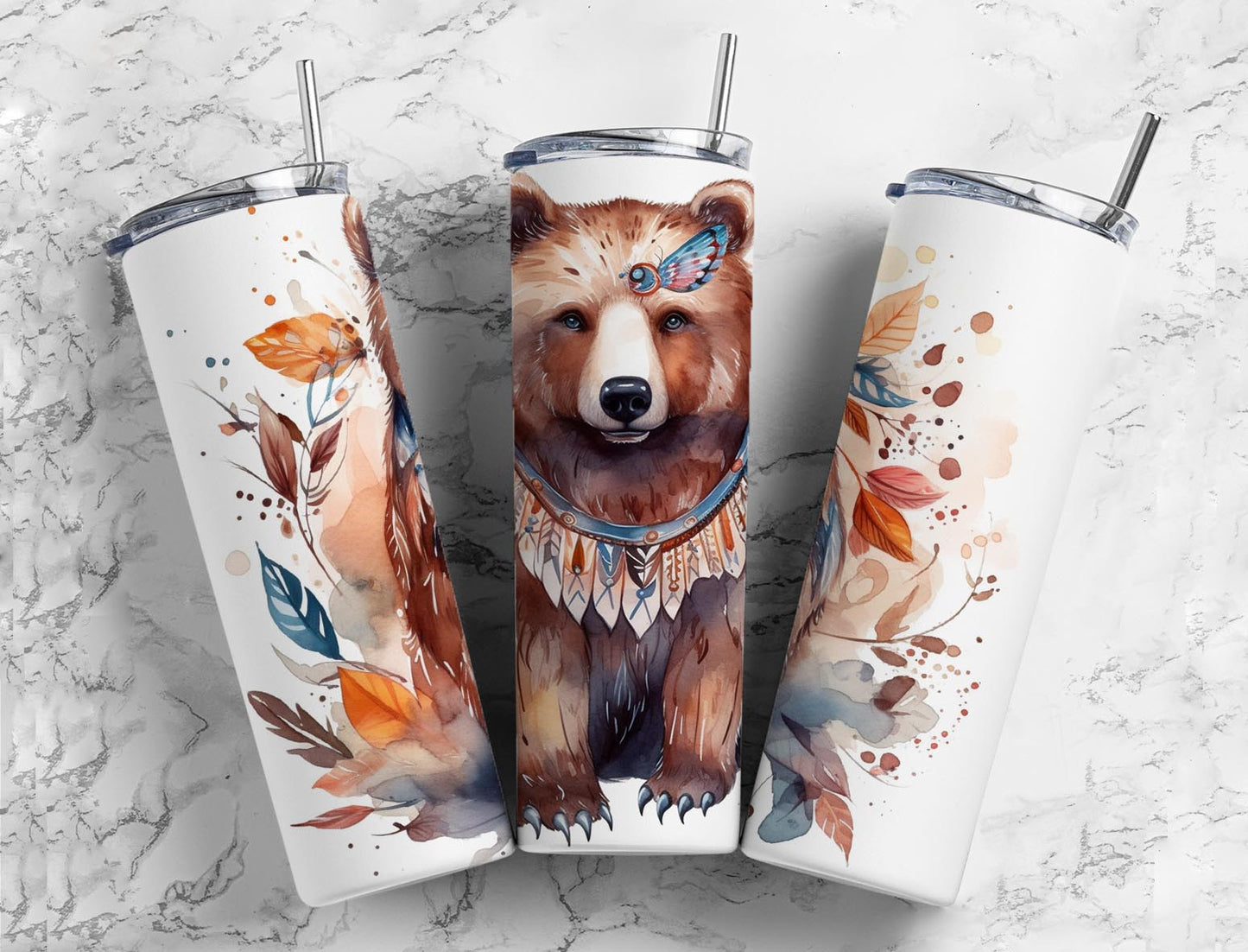 Bear leaves 20oz Sublimation Tumbler Designs, watercolor splatter 9.2 x 8.3” Straight Skinny Tumbler Wrap PNG