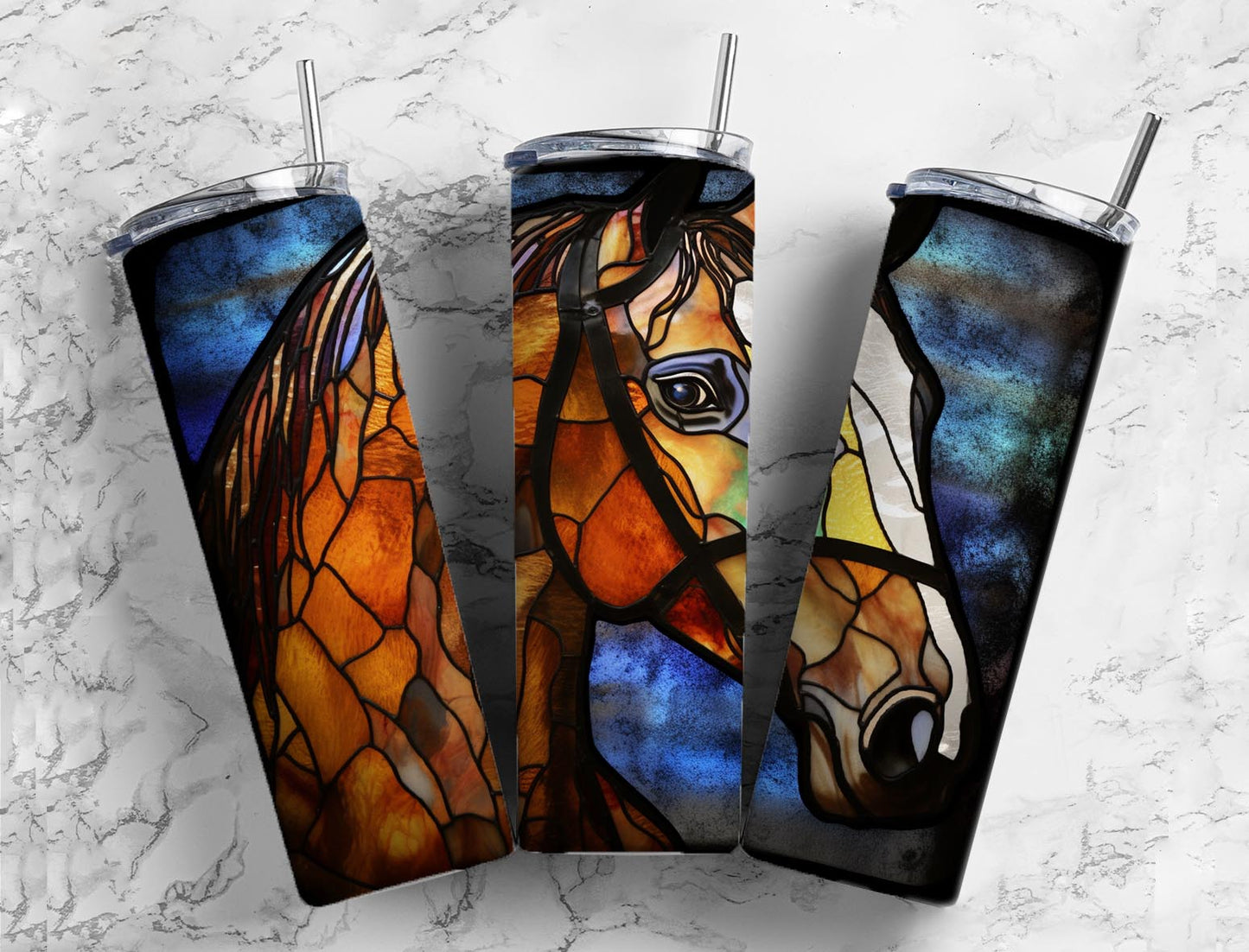 Stained glass mosaic 20oz Sublimation Tumbler Designs, Brown horse 9.2 x 8.3” Straight Skinny Tumbler Wrap PNG (1)