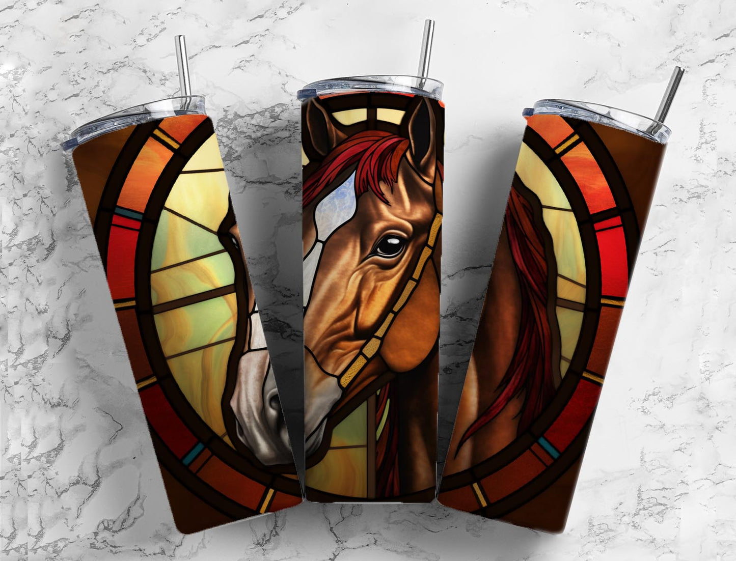 Stained glass window 20oz Sublimation Tumbler Designs, brown horse 9.2 x 8.3” Straight Skinny Tumbler Wrap PNG