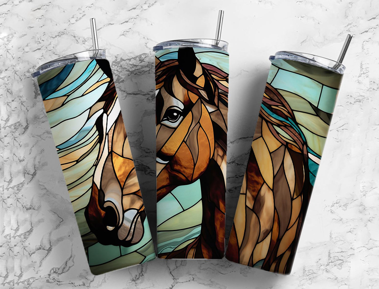 Stained glass mosaic 20oz Sublimation Tumbler Designs, Brown horse 9.2 x 8.3” Straight Skinny Tumbler Wrap PNG