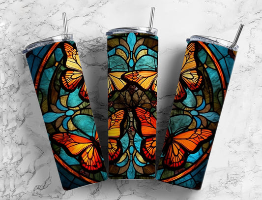 Stained glass 20oz Sublimation Tumbler Designs, Butterflies 9.2 x 8.3” Straight Skinny Tumbler Wrap PNG