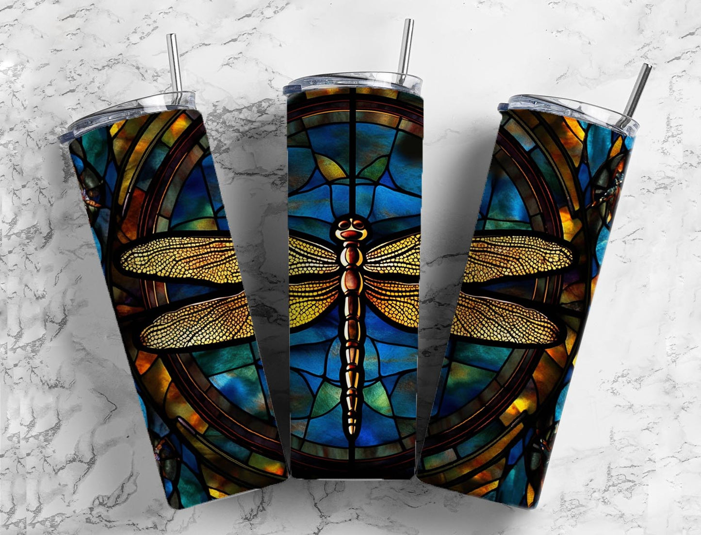 Stained glass window 20oz Sublimation Tumbler Designs, Dragonfly 9.2 x 8.3” Straight Skinny Tumbler Wrap PNG