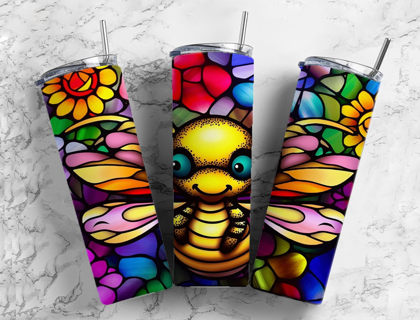 Stained glass mosaic 20oz Sublimation Tumbler Designs, cartoon bee 9.2 x 8.3” Straight Skinny Tumbler Wrap PNG