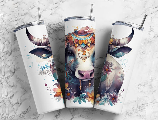 Bull cow 20oz Sublimation Tumbler Designs, floral patterned 9.2 x 8.3” Straight Skinny Tumbler Wrap PNG