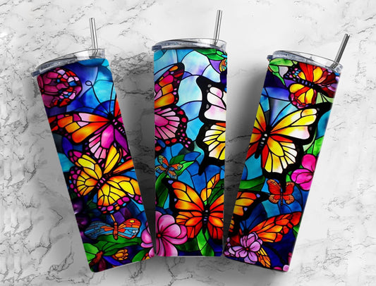 Stained glass 20oz Sublimation Tumbler Designs, Butterfly floral 9.2 x 8.3” Straight Skinny Tumbler Wrap PNG