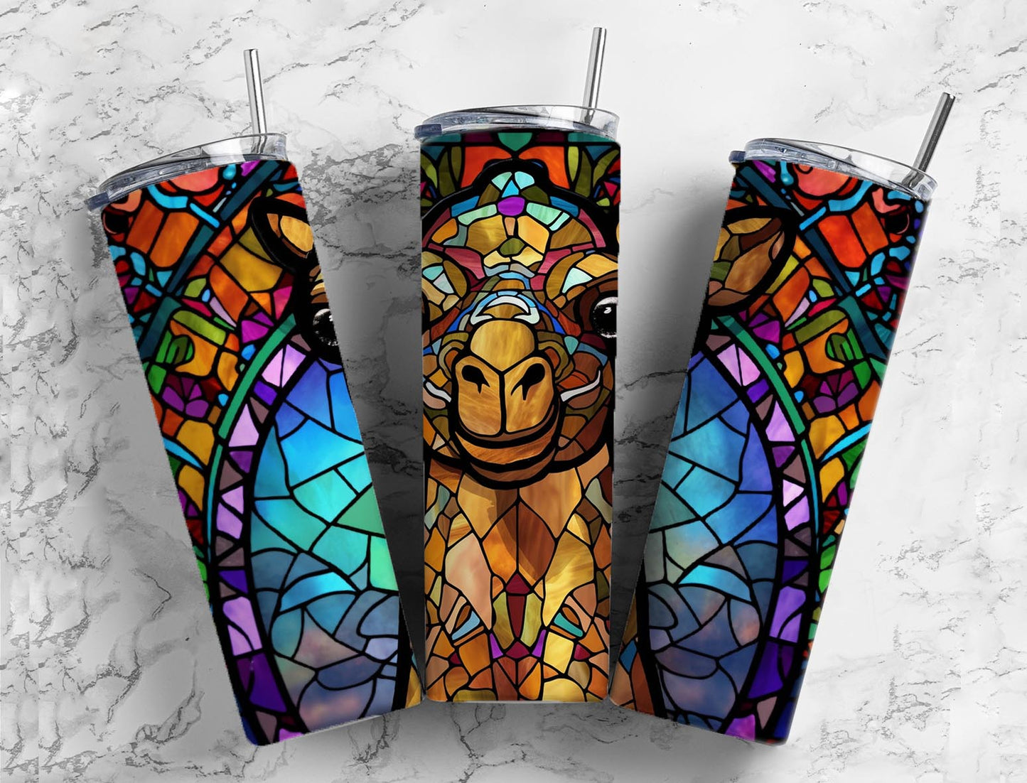 Stained glass mosaic 20oz Sublimation Tumbler Designs, Camel colorful 9.2 x 8.3” Straight Skinny Tumbler Wrap PNG