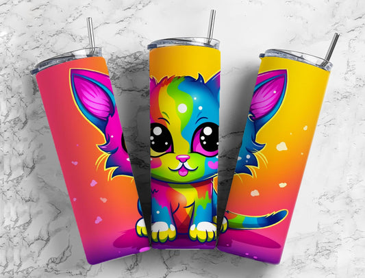 Cartoon kitten 20oz Sublimation Tumbler Designs, Colorful rainbow 9.2 x 8.3” Straight Skinny Tumbler Wrap PNG