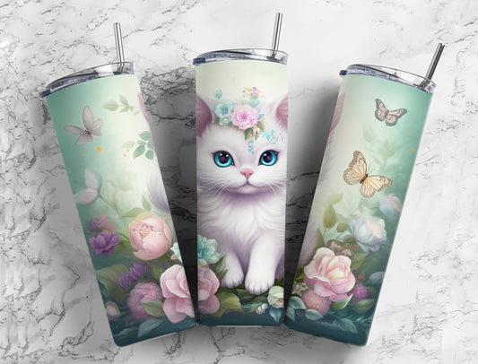 White kitten 20oz Sublimation Tumbler Designs, flower crown 9.2 x 8.3” Straight Skinny Tumbler Wrap PNG