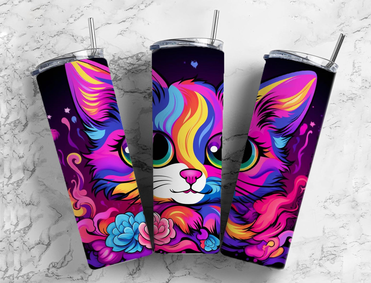 Big eye cat 20oz Sublimation Tumbler Designs, colorful cartoon 9.2 x 8.3” Straight Skinny Tumbler Wrap PNG