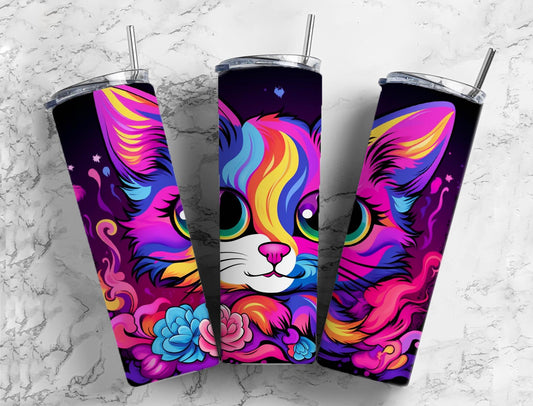 Big eye cat 20oz Sublimation Tumbler Designs, colorful cartoon 9.2 x 8.3” Straight Skinny Tumbler Wrap PNG