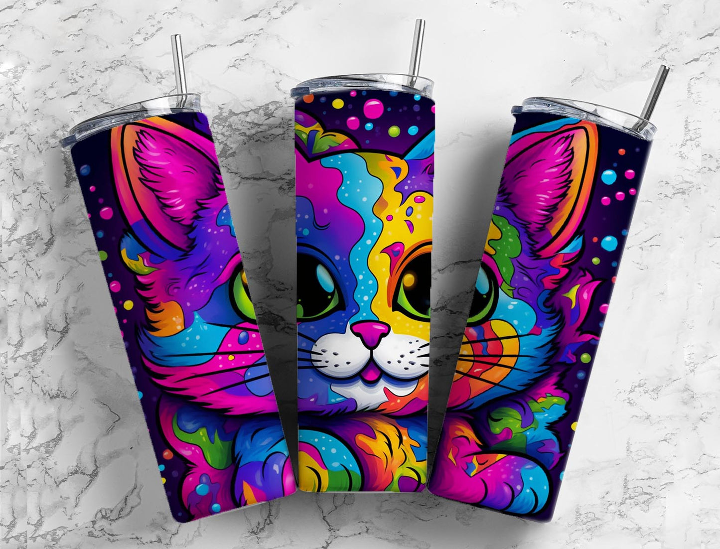 Big eye cat 20oz Sublimation Tumbler Designs, rainbow cartoon 9.2 x 8.3” Straight Skinny Tumbler Wrap PNG