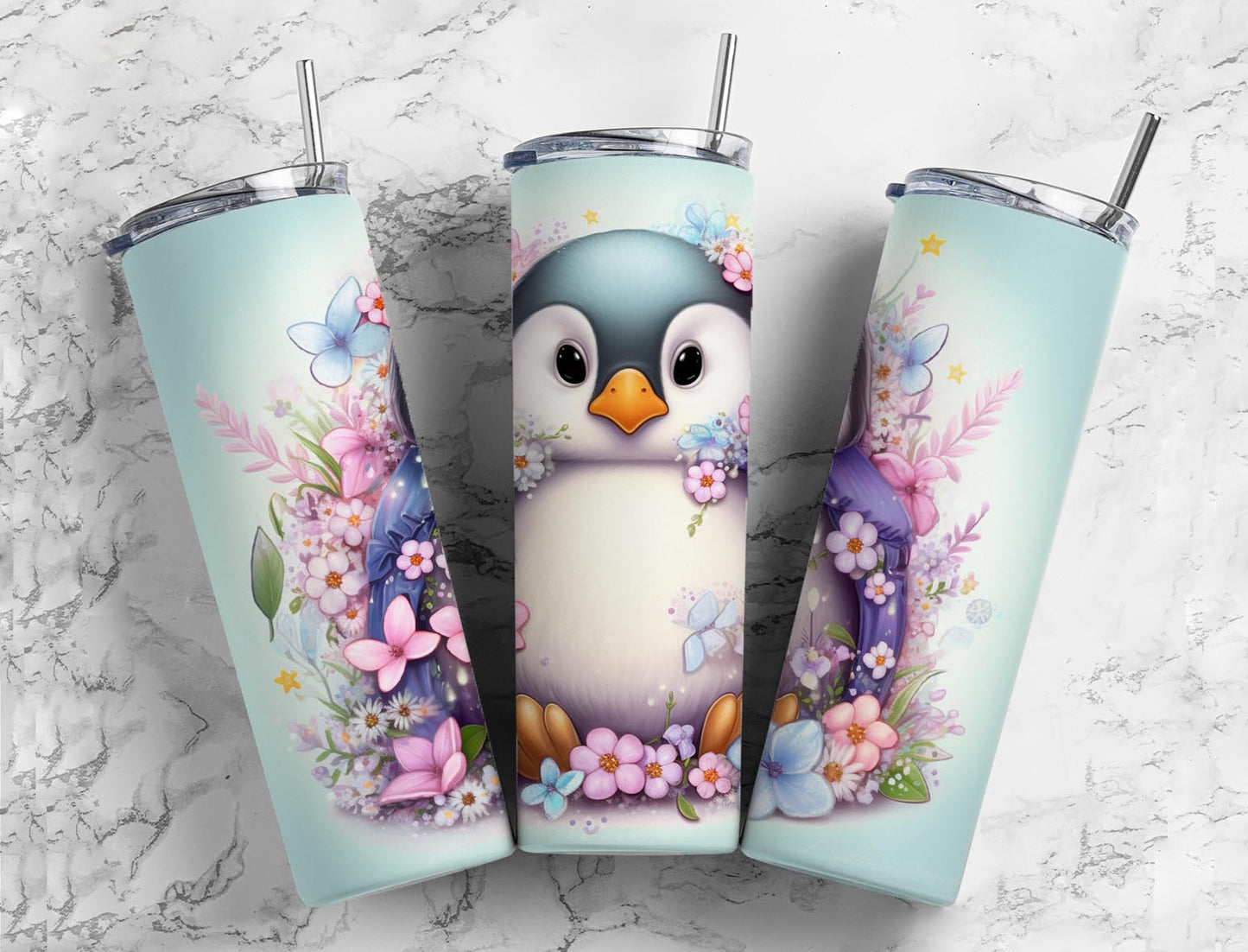 Baby penguin 20oz Sublimation Tumbler Designs, floral Pastel 9.2 x 8.3” Straight Skinny Tumbler Wrap PNG