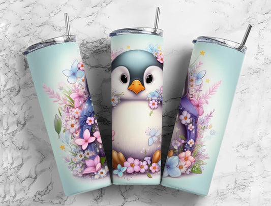 Baby penguin 20oz Sublimation Tumbler Designs, floral Pastel 9.2 x 8.3” Straight Skinny Tumbler Wrap PNG