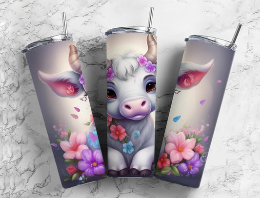 White cow 20oz Sublimation Tumbler Designs, Floral cartoon 9.2 x 8.3” Straight Skinny Tumbler Wrap PNG