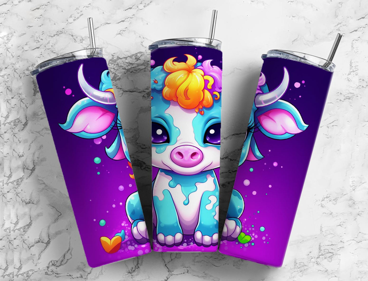 Colorful cow 20oz Sublimation Tumbler Designs, cartoon cow 9.2 x 8.3” Straight Skinny Tumbler Wrap PNG