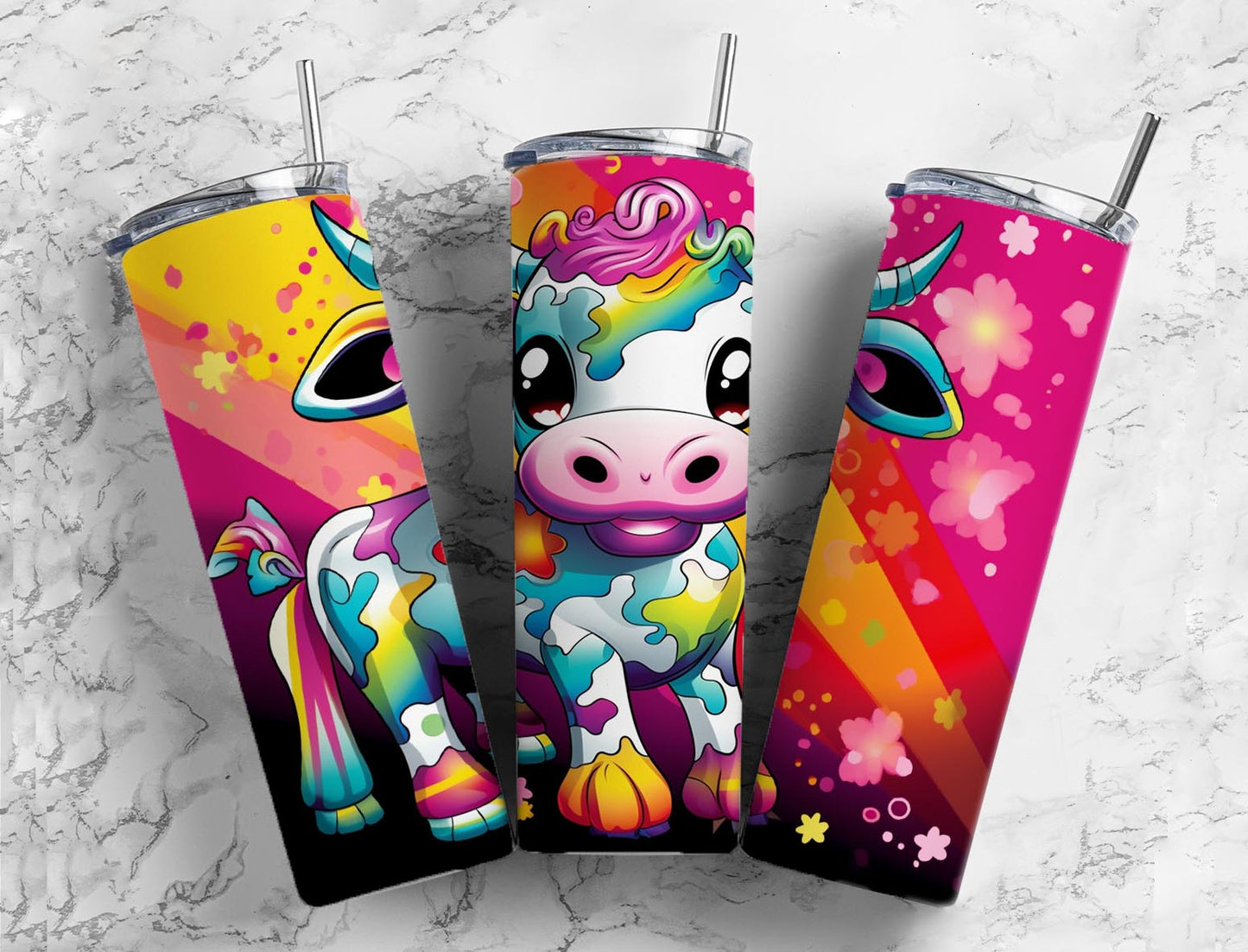 rainbow cow 20oz Sublimation Tumbler Designs, cartoon cow 9.2 x 8.3” Straight Skinny Tumbler Wrap PNG