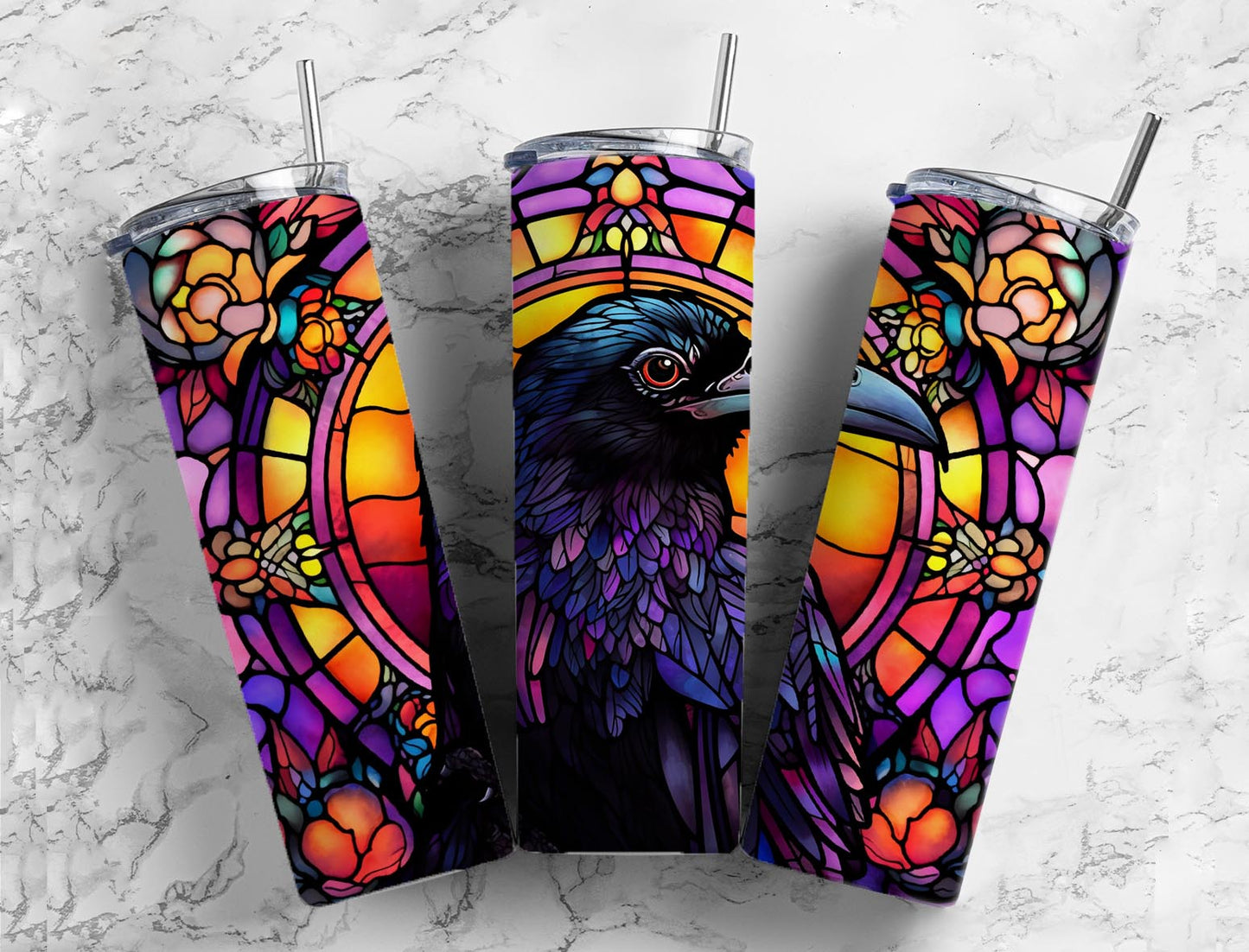 Stained glass window 20oz Sublimation Tumbler Designs, Colorful crow 9.2 x 8.3” Straight Skinny Tumbler Wrap PNG