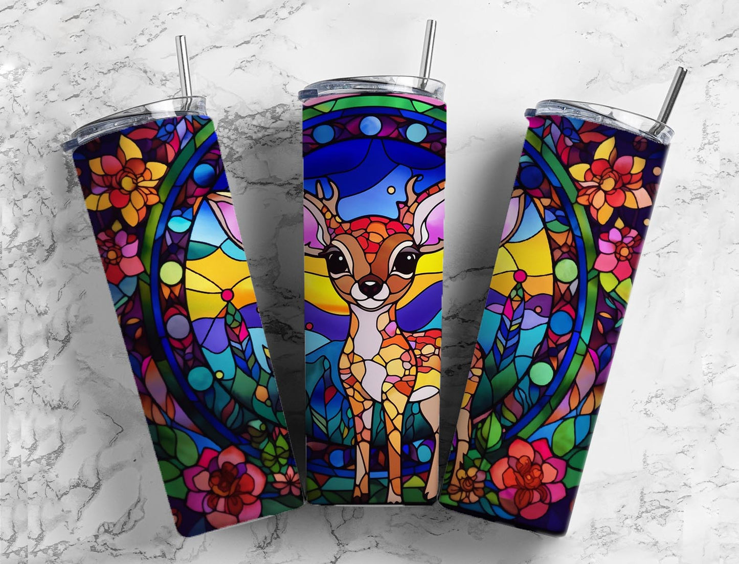 baby deer 20oz Sublimation Tumbler Designs, stained glass window 9.2 x 8.3” Straight Skinny Tumbler Wrap PNG