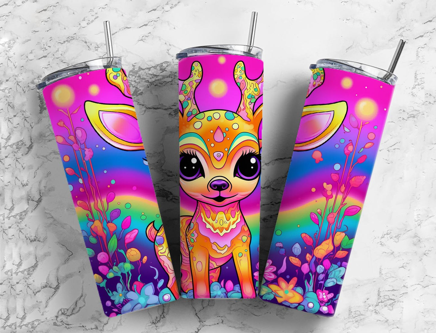 Baby deer 20oz Sublimation Tumbler Designs, rainbow sky 9.2 x 8.3” Straight Skinny Tumbler Wrap PNG