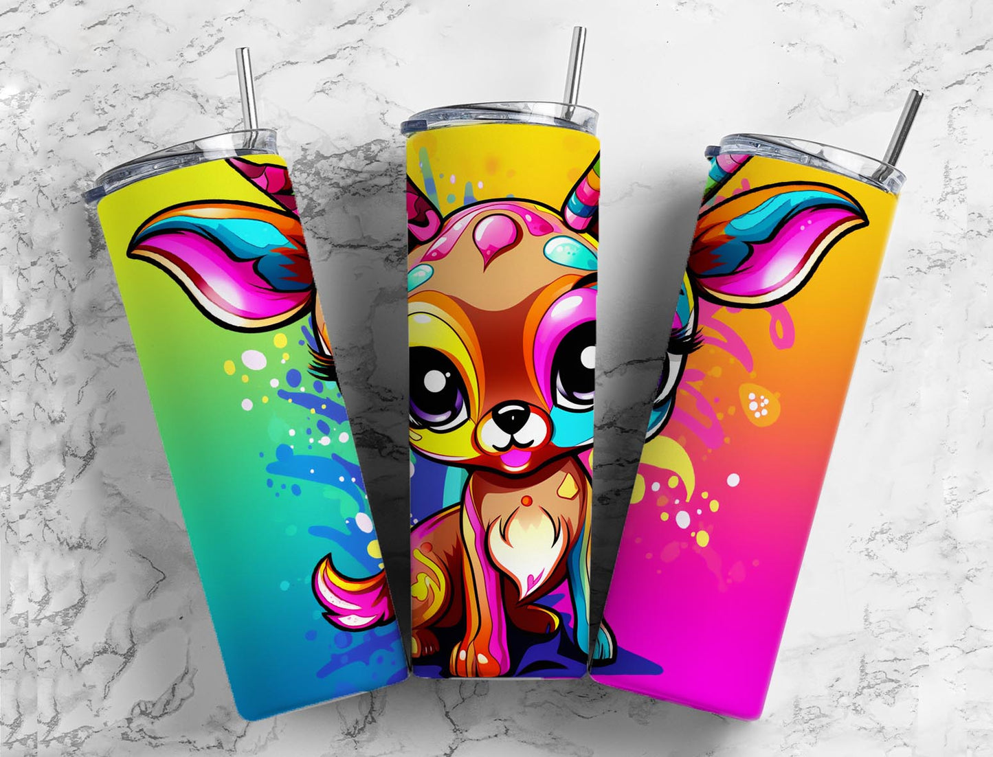 cartoon deer 20oz Sublimation Tumbler Designs, Colorful rainbow 9.2 x 8.3” Straight Skinny Tumbler Wrap PNG