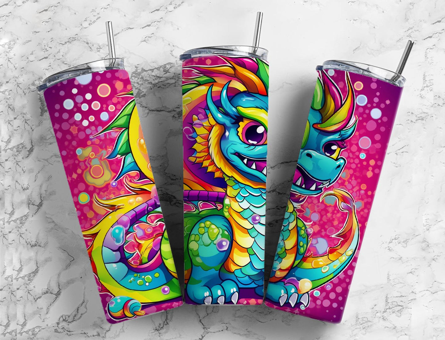 cartoon dragon 20oz Sublimation Tumbler Designs, colorful scales 9.2 x 8.3” Straight Skinny Tumbler Wrap PNG